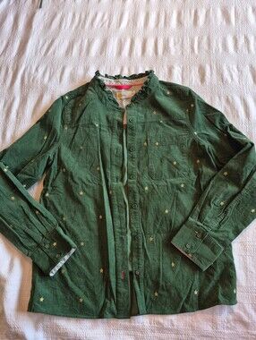 Mini boden girls 15-16 years shirt green corduroy button up gold stars EUC